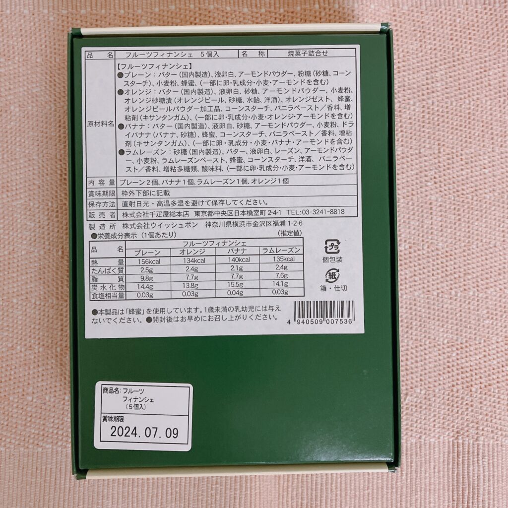 日本橋千疋屋総本店のフルーツフィナンシェ 箱裏