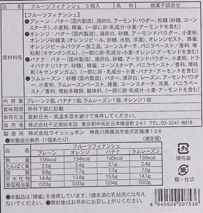 日本橋千疋屋総本店のフルーツフィナンシェ 食品表示